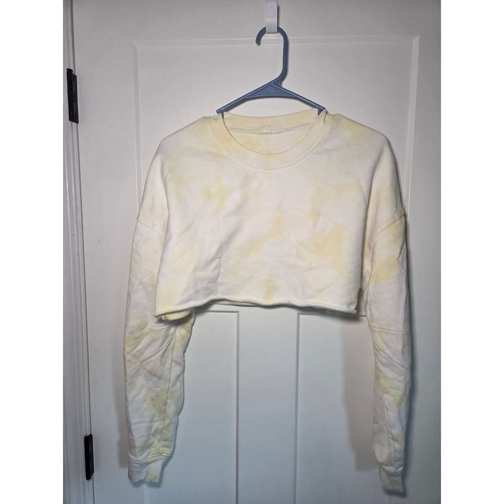 Alo Yoga Cropped Tie Dye Sweatshirt Yellow White Raw Hem Pullover Logo Patch